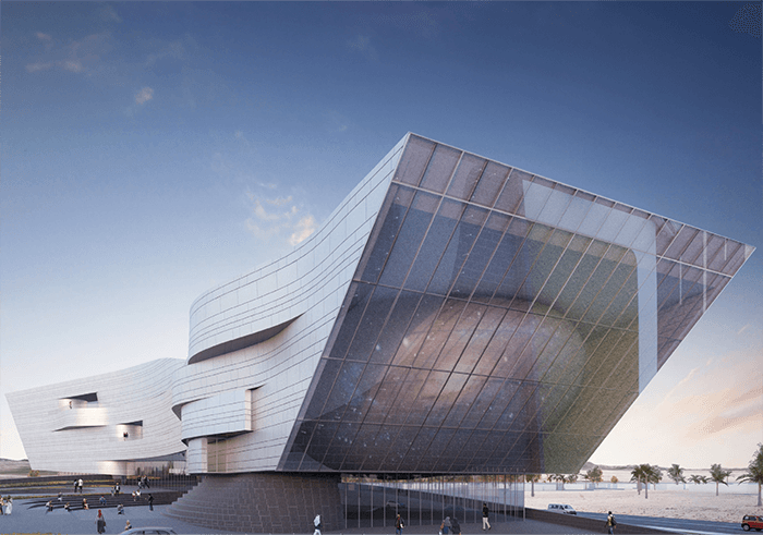 Render da fachada da proposta de Discovery Centre em Marrocos, com volumes curvos e painéis de vidro refletindo o céu