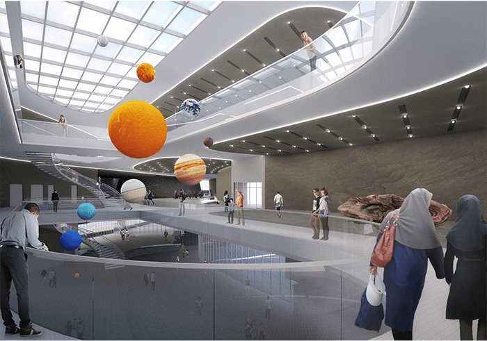 Render do interior da proposta de Discovery Centre em Dubai, com planetas suspensos em átrio de múltiplos níveis