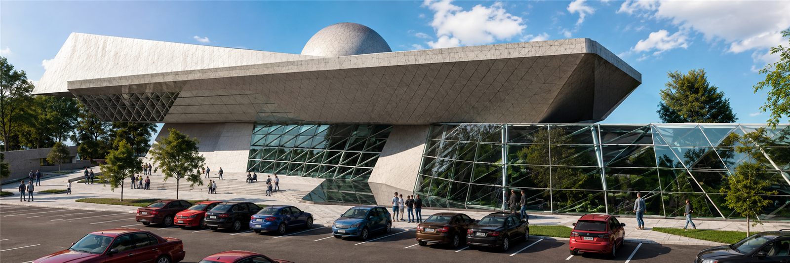 Render da fachada do projeto DCI na Argélia, com volume suspenso, domo e praça de acesso
